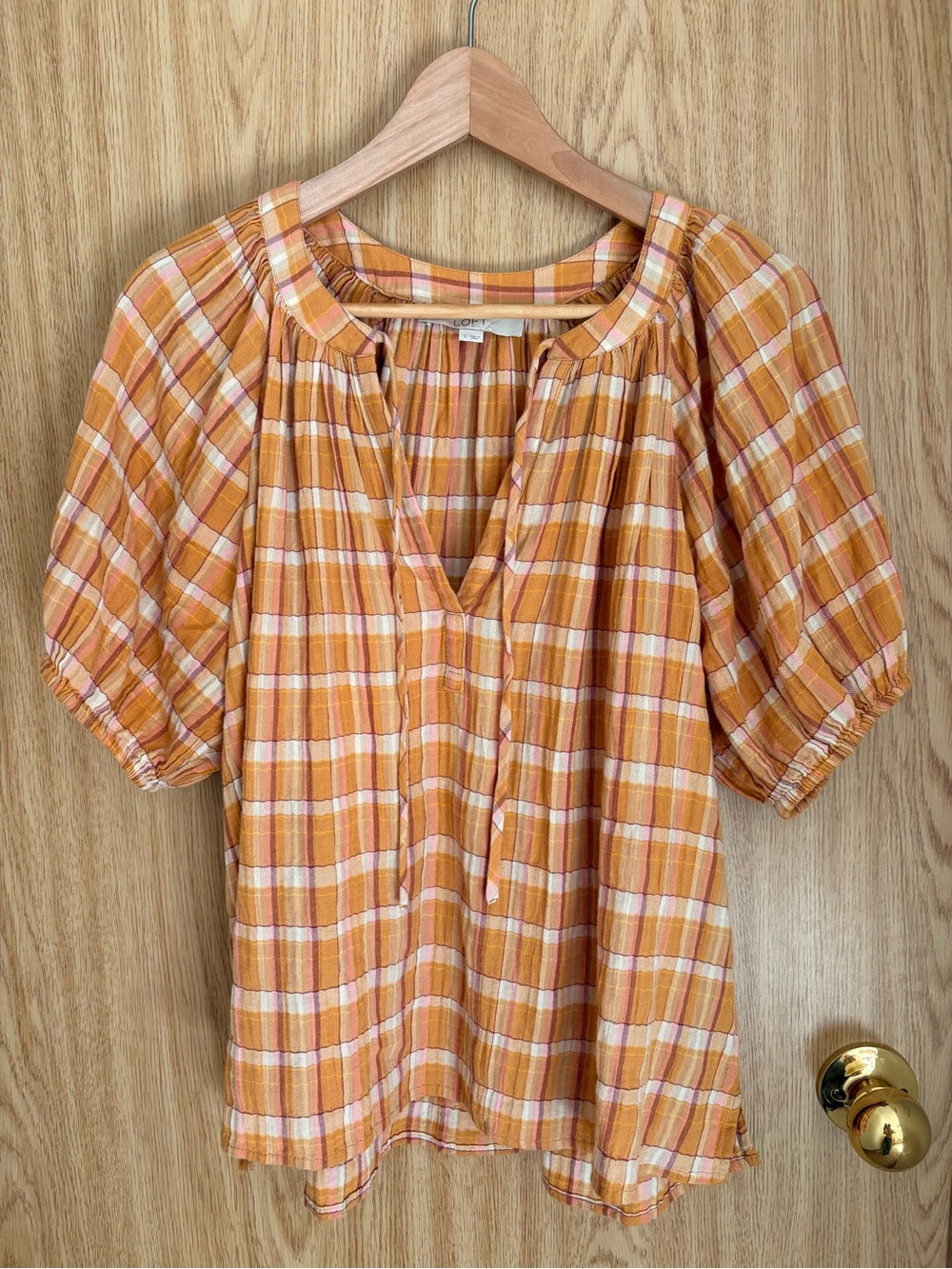 LOFT Yellow Plaid Peasant Blouse